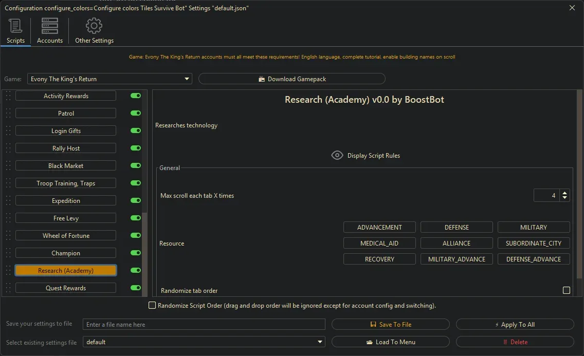 Evony Kings Return Bot - Research (Academy)