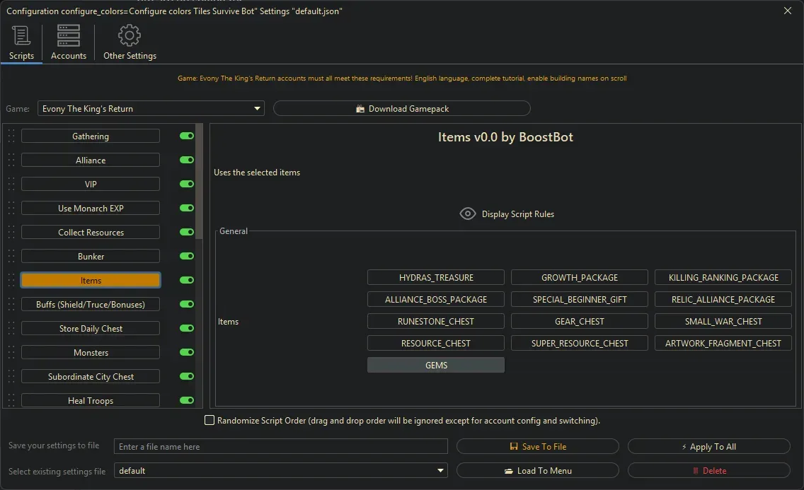 Evony Kings Return Bot - Items