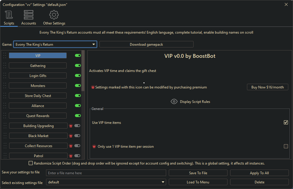 Evony Kings Bot Settings
